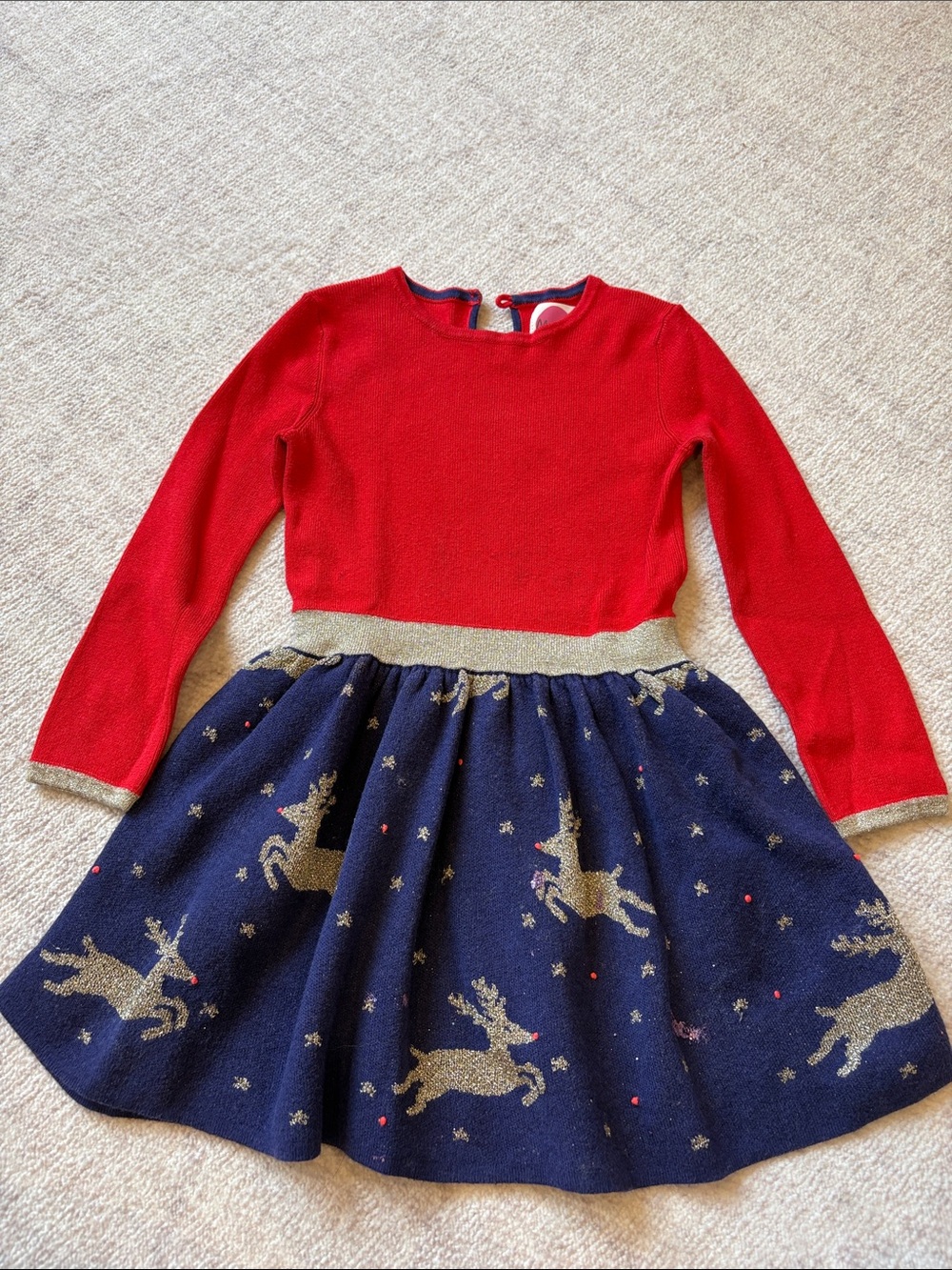 Mini Boden Holiday Sweater Dress Red Top with Navy Skirt and Gold Reindeer